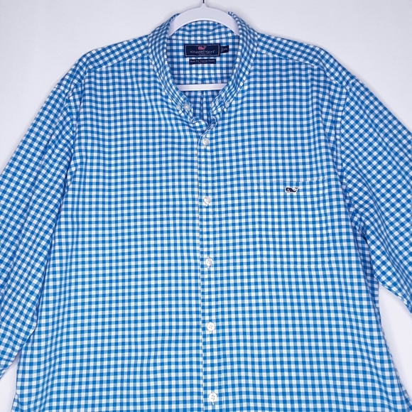 Vineyard Vines Aqua Blue & White Gingham Plaid Slim Fit Tucker Shirt Size XXL - Picture 2 of 8